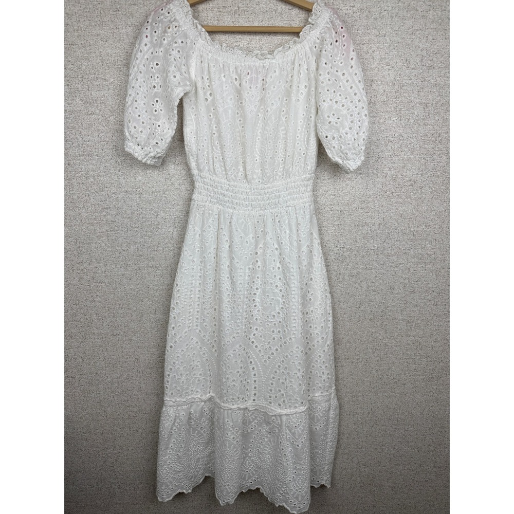 Betsey Johnson White Eyelet Peasant Midi Dress Women Off Shoulder Smocked Boho